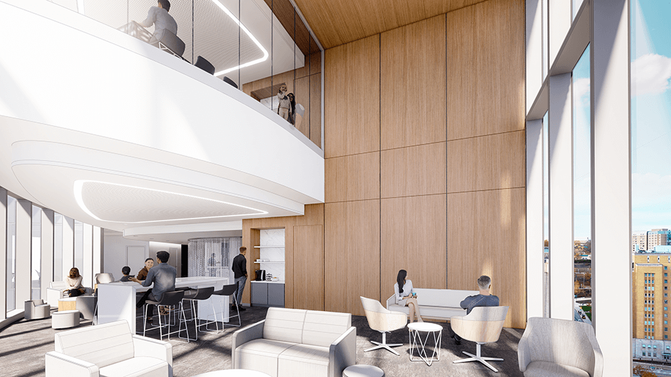 An interior rendering of the UPMC Presbyterian expansion family respite area's lower atrium.
